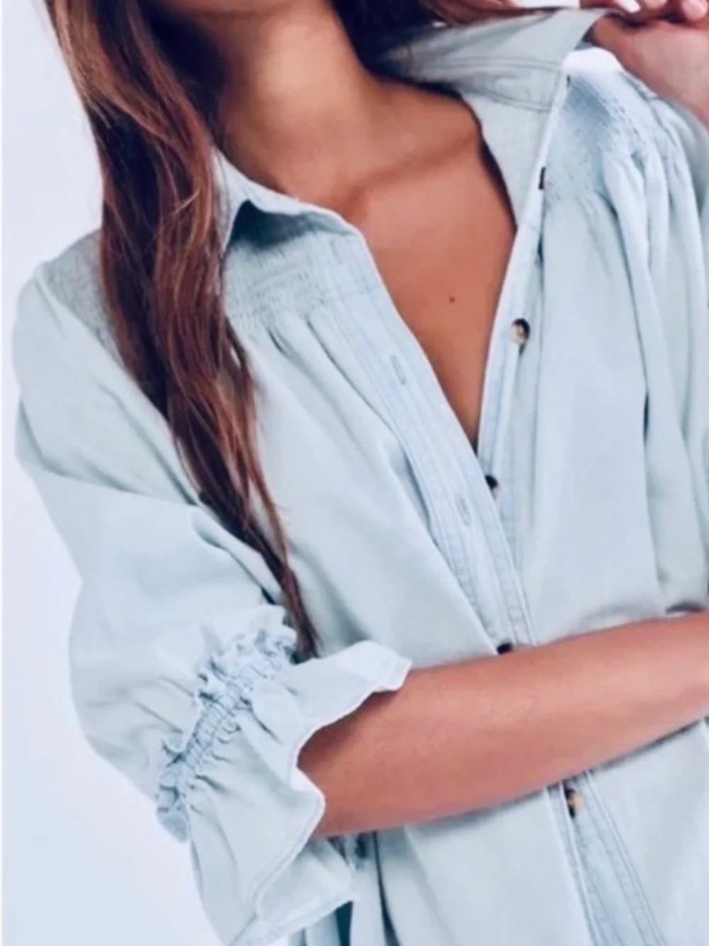 Free People Venessa Denim Tunic Pale Blue Smocked Denim Shirt size Small